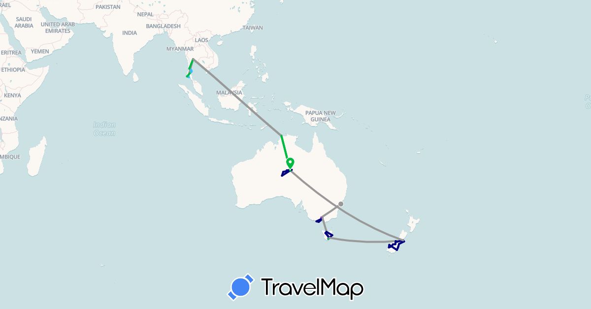 TravelMap itinerary: driving, bus, plane, train, boat in Australia, New Zealand, Thailand (Asia, Oceania)